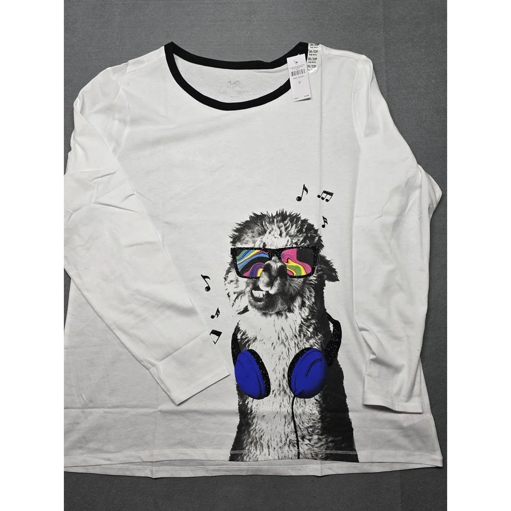 Justice Girls Plus Size 20/22P Long Sleeve Llama Music Graphic Tee White Black
